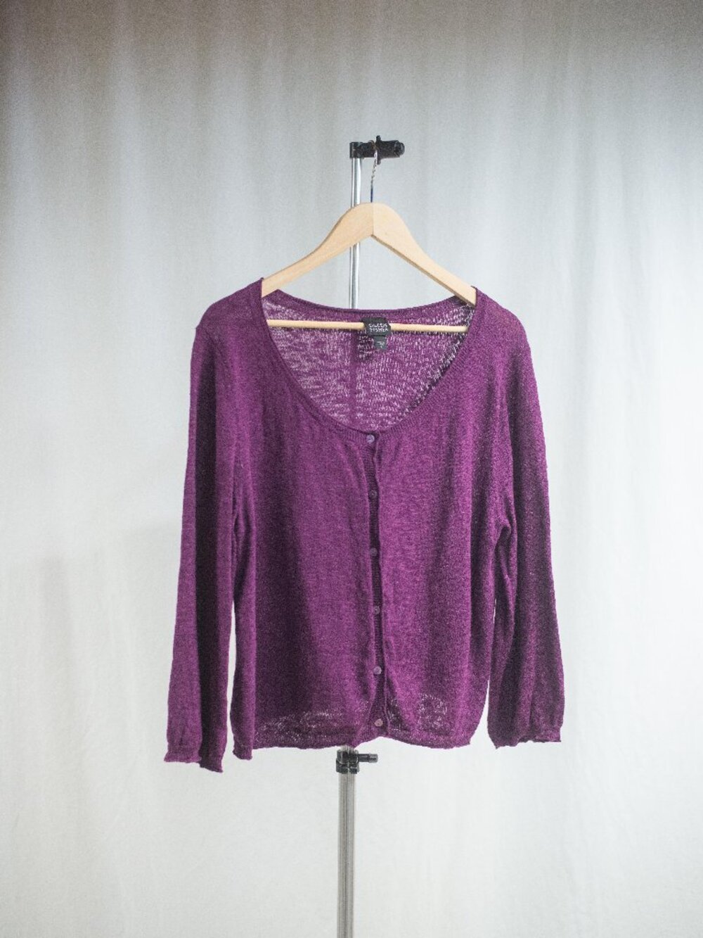 Eileen Fisher Cotton Linen Blend Button Down Sweater in Deep Purple Berry
